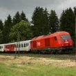 Vlak R 4510 v čele s herkačem 2016 049 se blíží romantickou tratí k zastávce-nákladišti Taxwirt.
